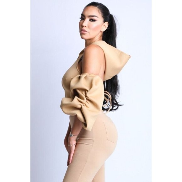 Boutique Tops - Women's Cold Shoulder Puff Sleeve Crop Top With Hoodie And Matching Pants Set